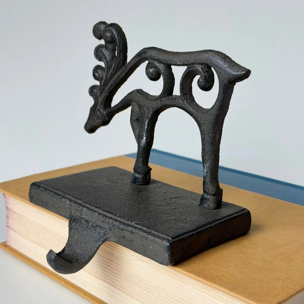 Vintage Cast Iron‎ Reindeer Stocking Hanger Scroll Filigree Rustic